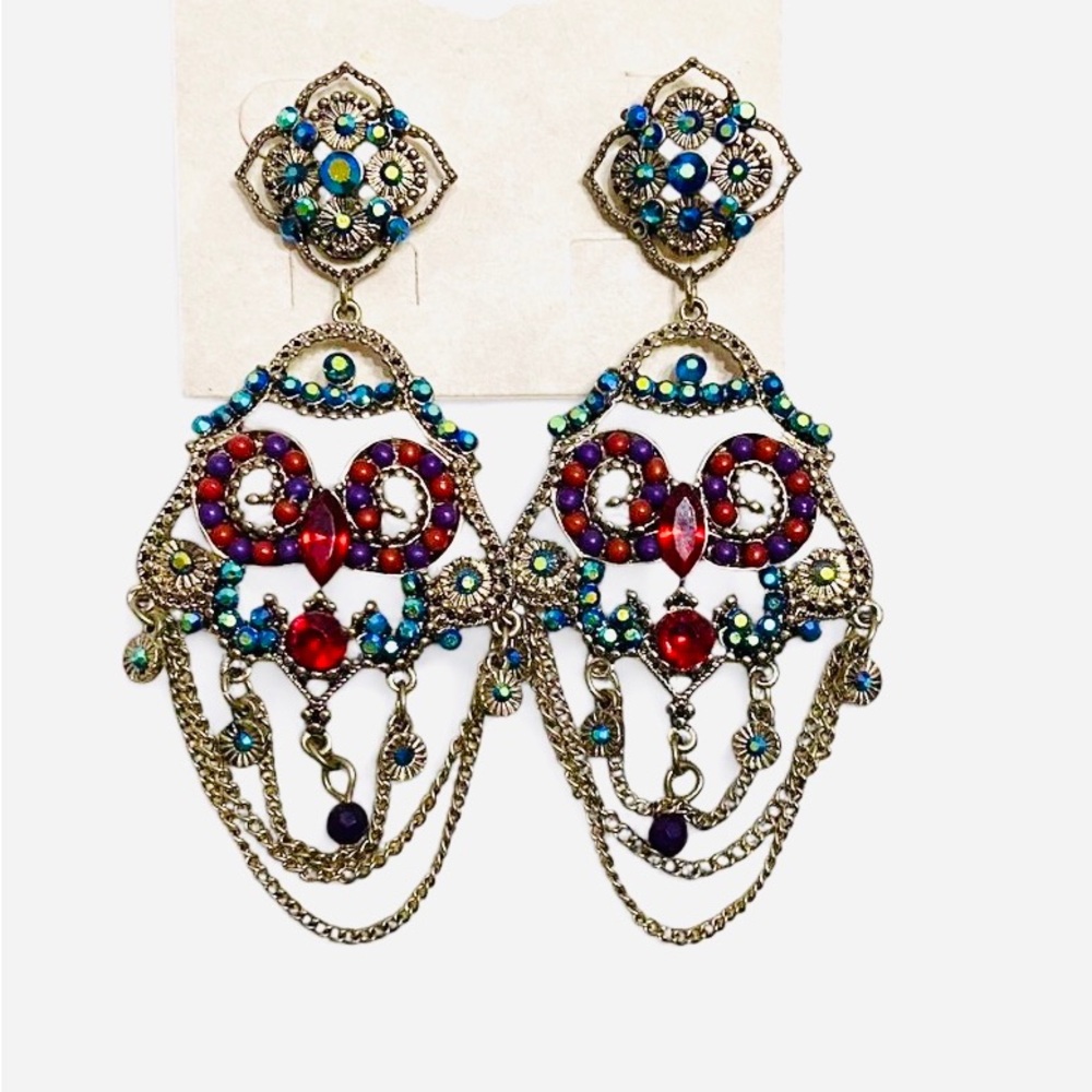 Red and Blue Chandelier Earrings with Vintage Design